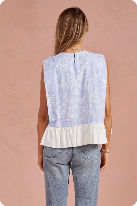 April Floral Embroidery Stripe Contrast Ruffle Hem Top