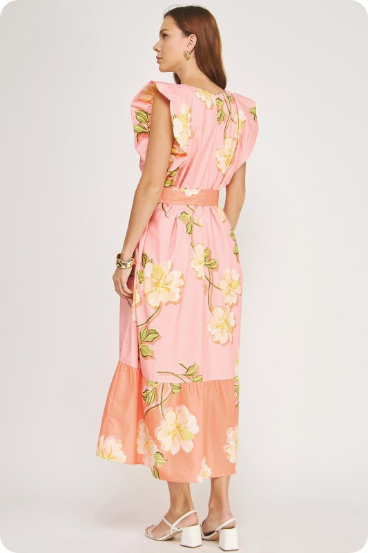 Tropical Hibiscus Ruffle Tiered Midi Dress