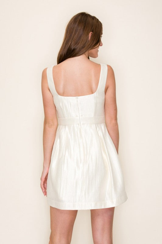 CELINE Square Neck Bow Detail Metallic Crepe Mini Dress