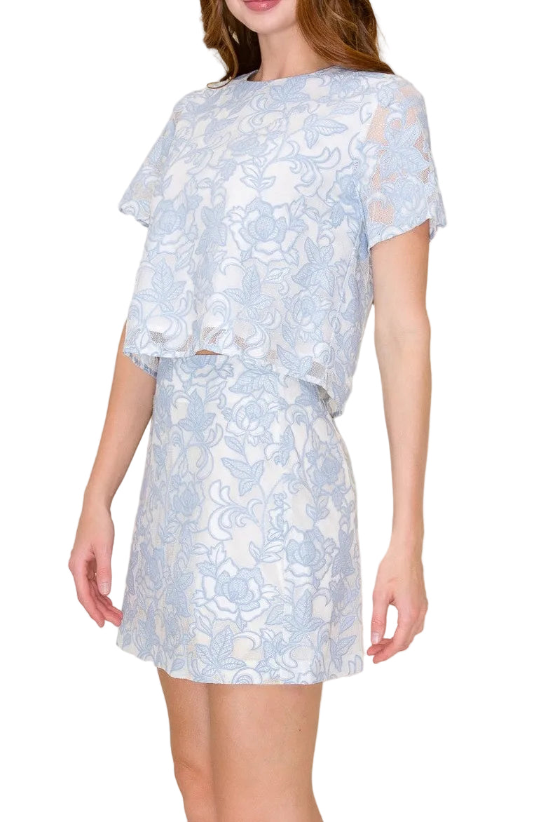 PRETTY IN BLUE Floral Embroidered Short Sleeve Top