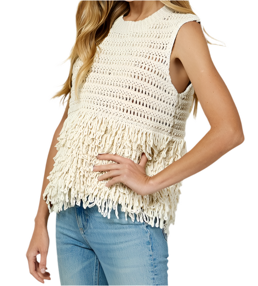 Twisted Fringe Detail Sleeveless Sweater Top