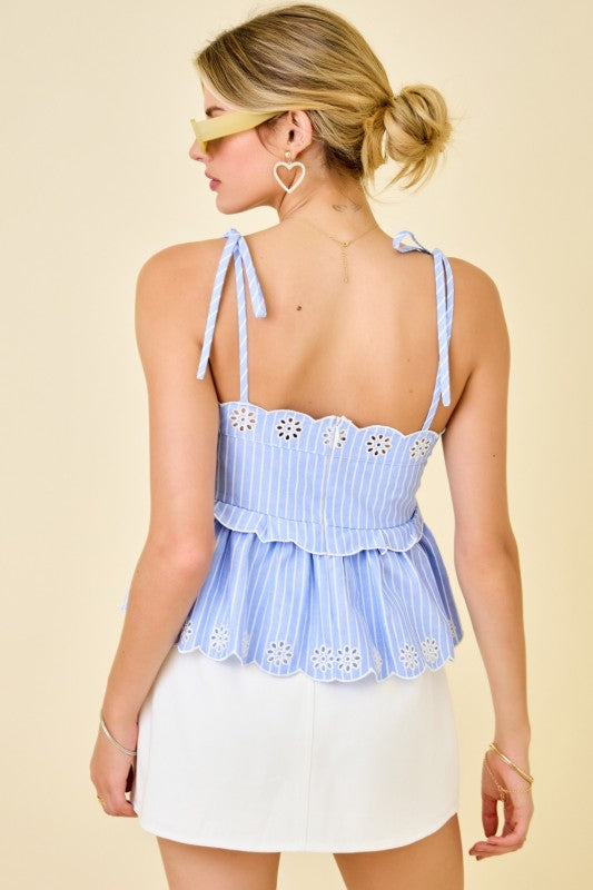 Isolde Stripe Embroidered Eyelet Peplum Top