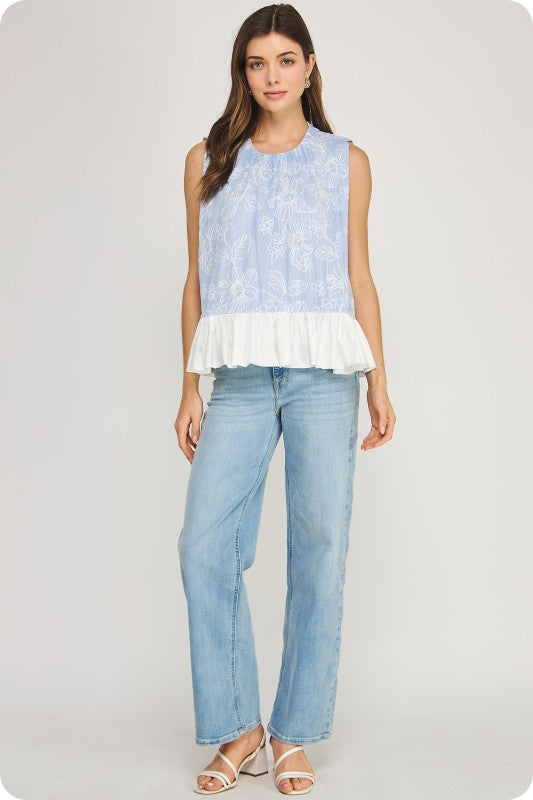 April Floral Embroidery Stripe Contrast Ruffle Hem Top