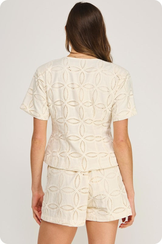 JANE Embroidered Eyelet Short Sleeve Vest Jacket