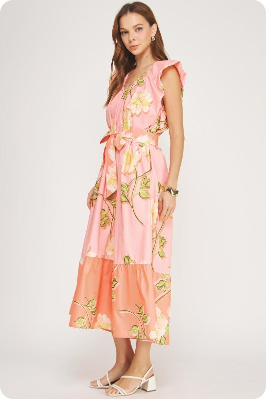 Tropical Hibiscus Ruffle Tiered Midi Dress