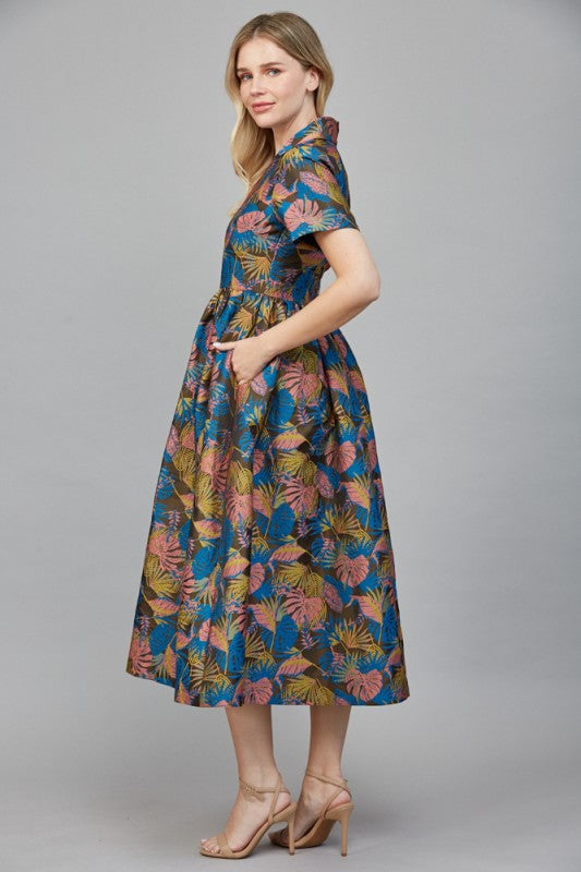 June V-neckline Jacquard Fabric Midi Dress