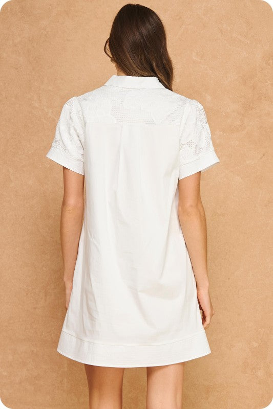 Alber Floral Crochet Collared Shirt Mini Dress