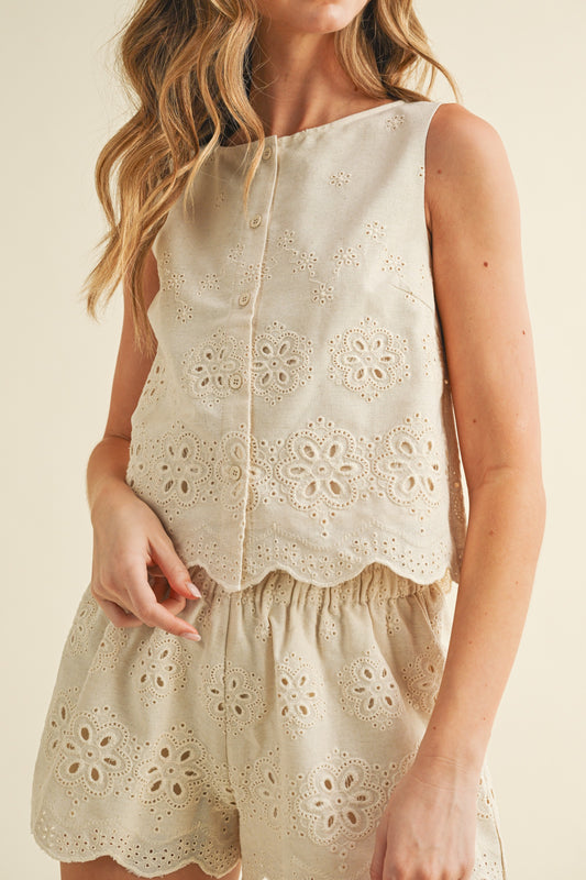 Floral Eyelet Embroidery Scalloped Hem Crop Top