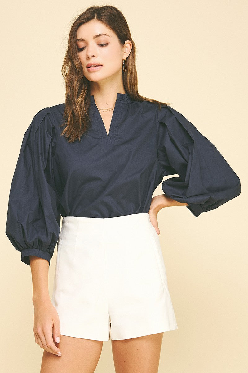 Jane Ruffled Mock Neck Poplin Bloue Top