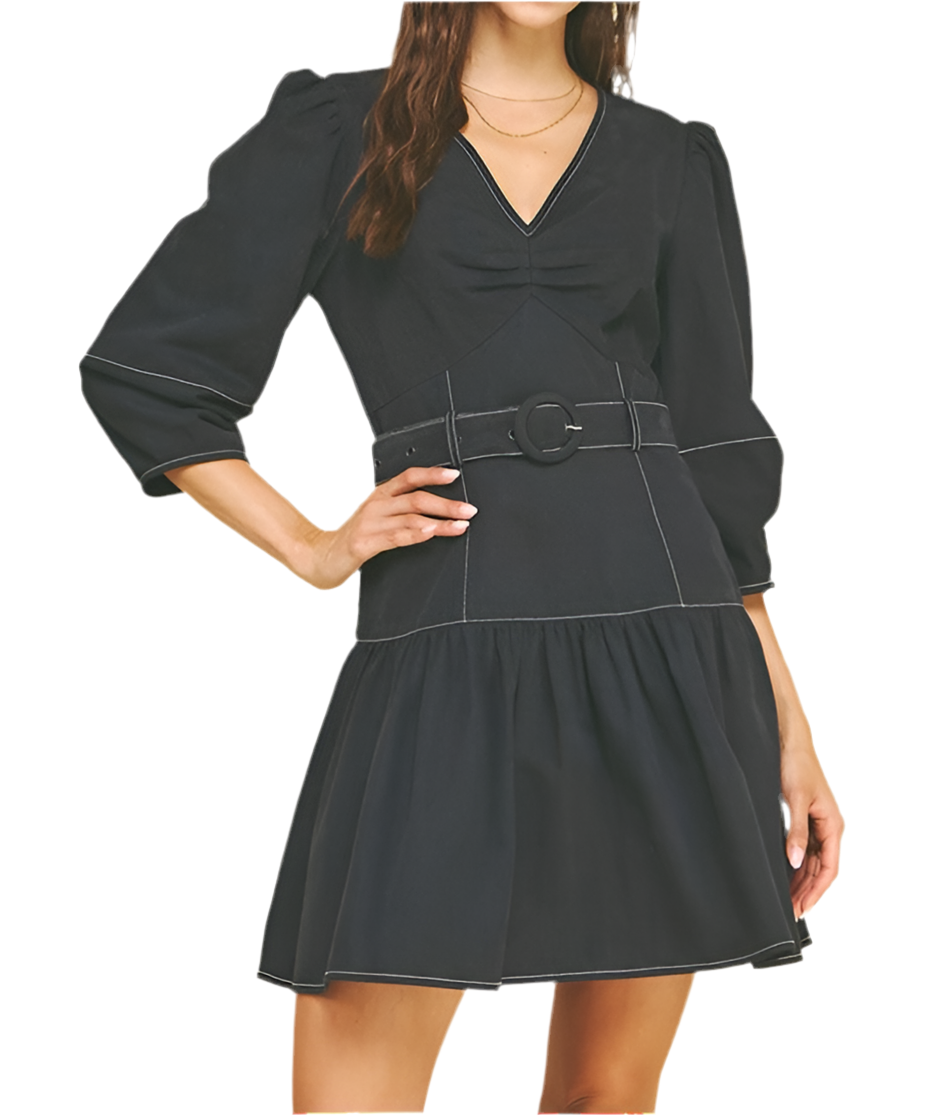 India Puffed Sleeve Belted Mini Dress