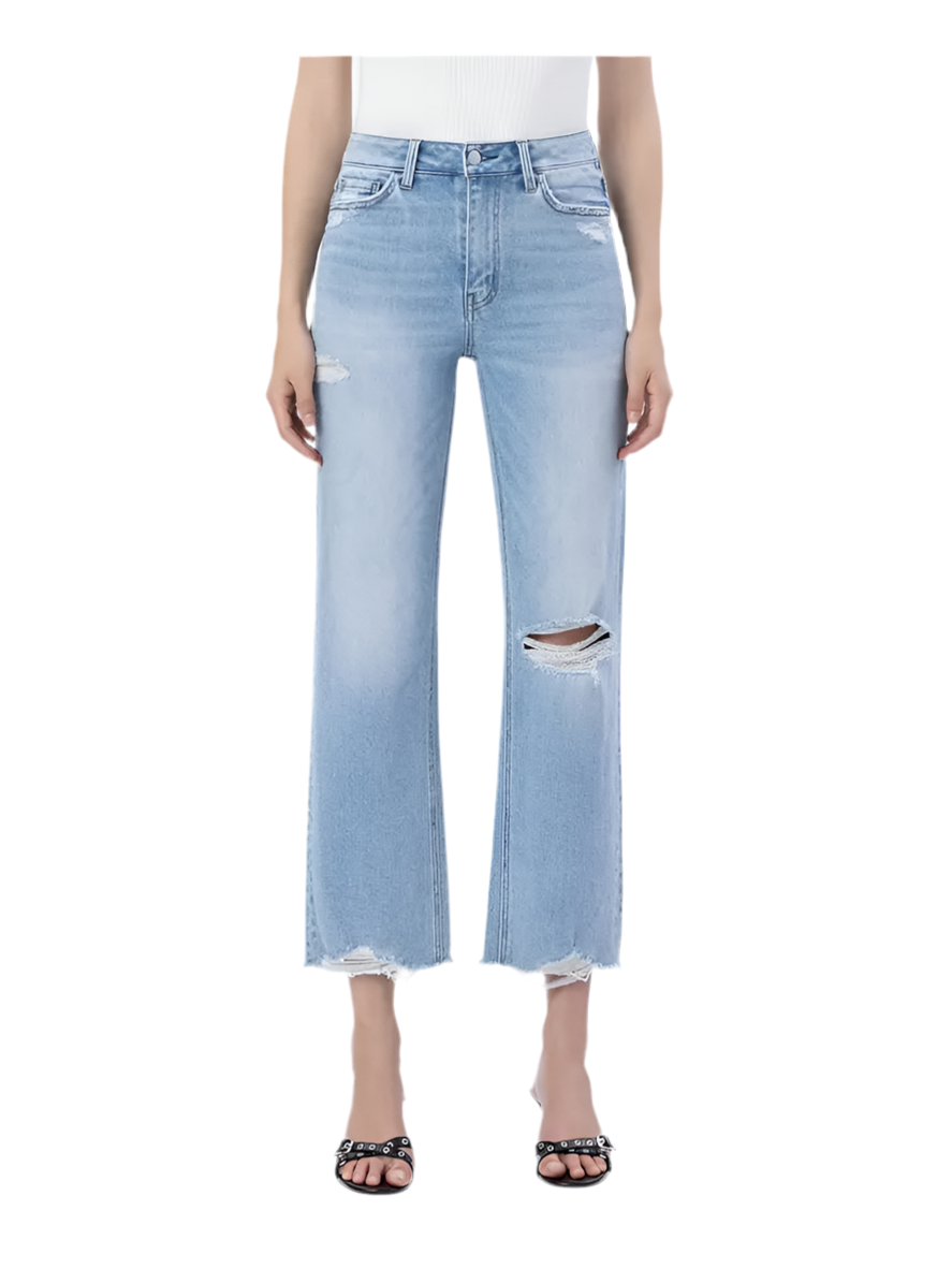 High Rise Distressed Crop Slim Wide Jeans