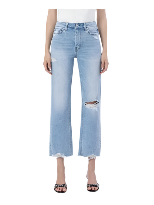 High Rise Distressed Crop Slim Wide Jeans
