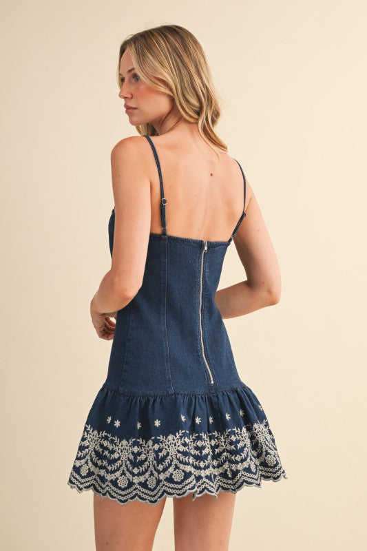 Ruby Drop Waist Denim Dress With Embroidery Detail
