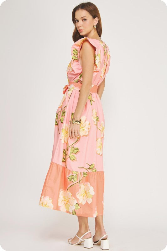 Tropical Hibiscus Ruffle Tiered Midi Dress