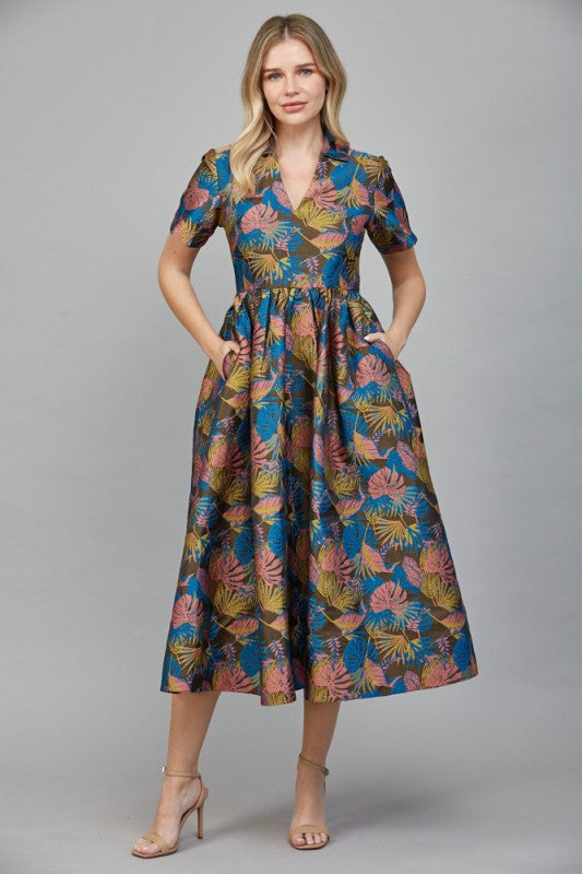 June V-neckline Jacquard Fabric Midi Dress
