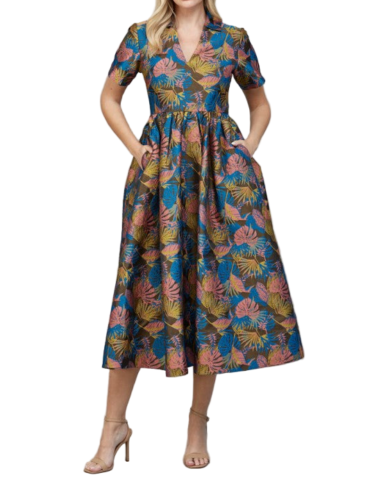 June V-neckline Jacquard Fabric Midi Dress