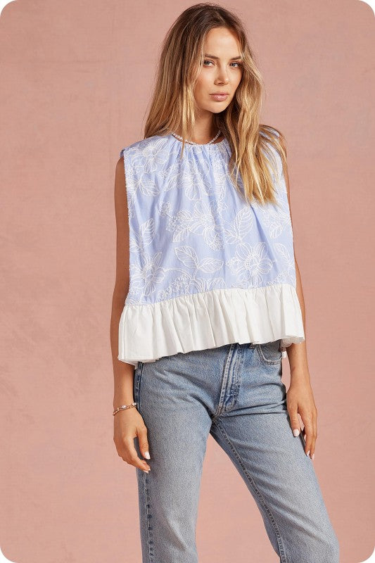 April Floral Embroidery Stripe Contrast Ruffle Hem Top