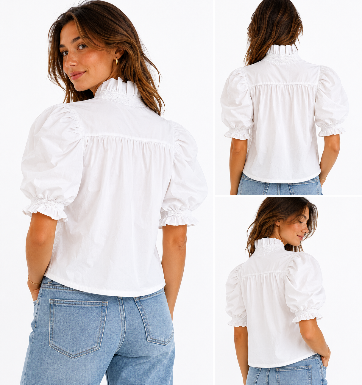The Claire Top — White Cotton High Collar