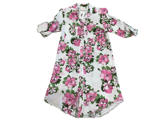 HIBISCUS ROSE LINEN L/S ROLL-TAB BUTTON DOWN DRESS