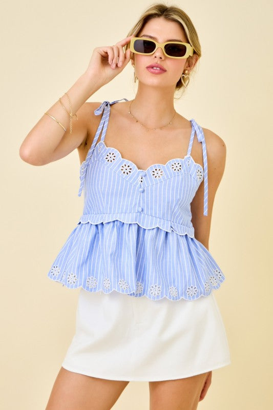 Isolde Stripe Embroidered Eyelet Peplum Top