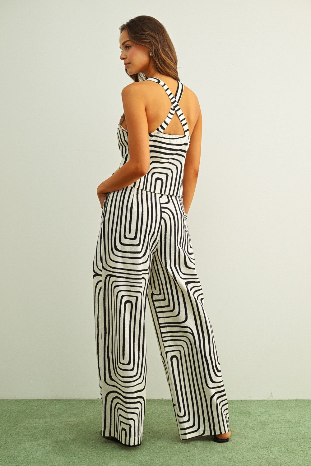 Grid Print Wide Leg Trouser
