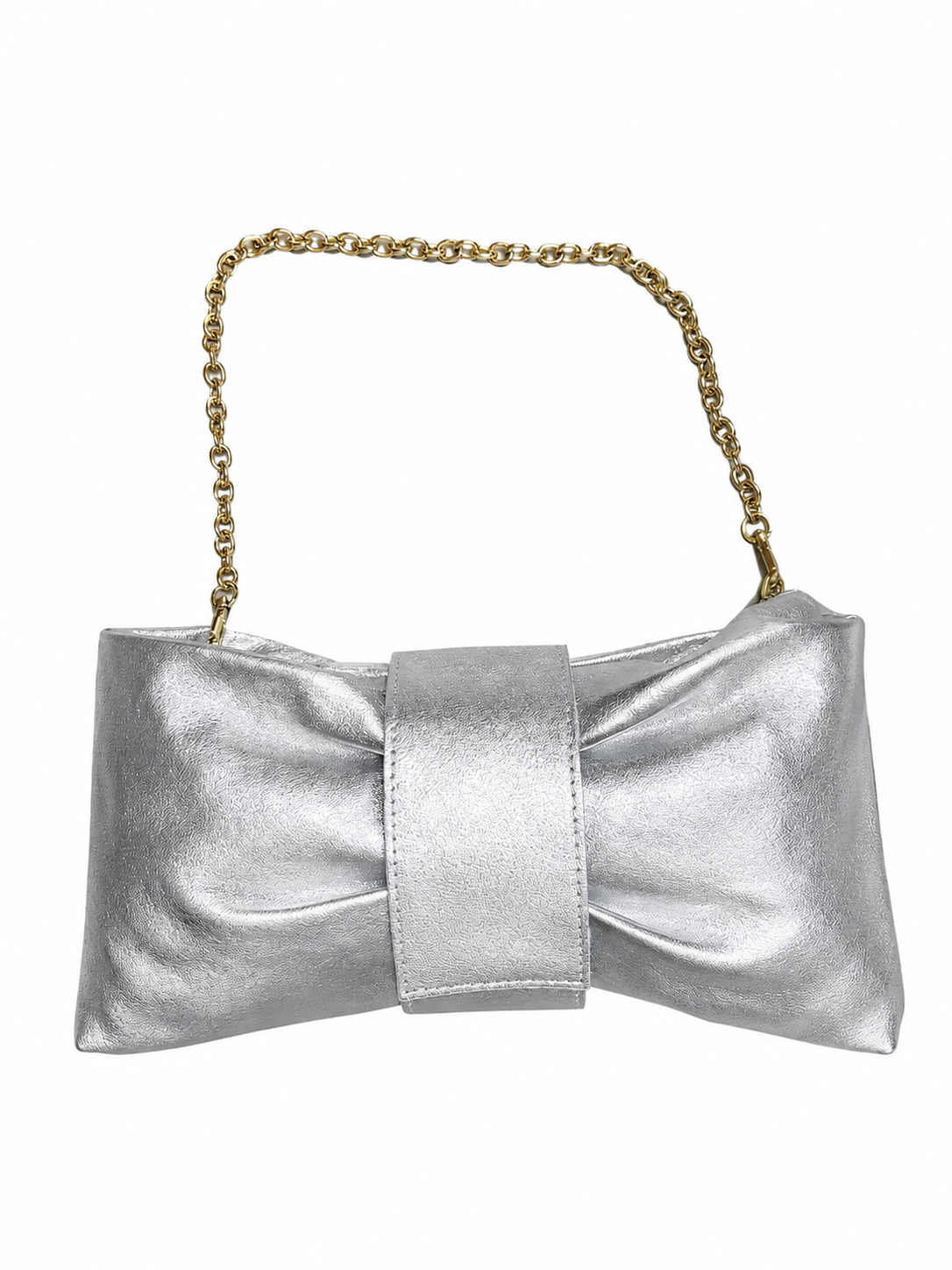 Silver clutch bag with a gold chain strap on a white background