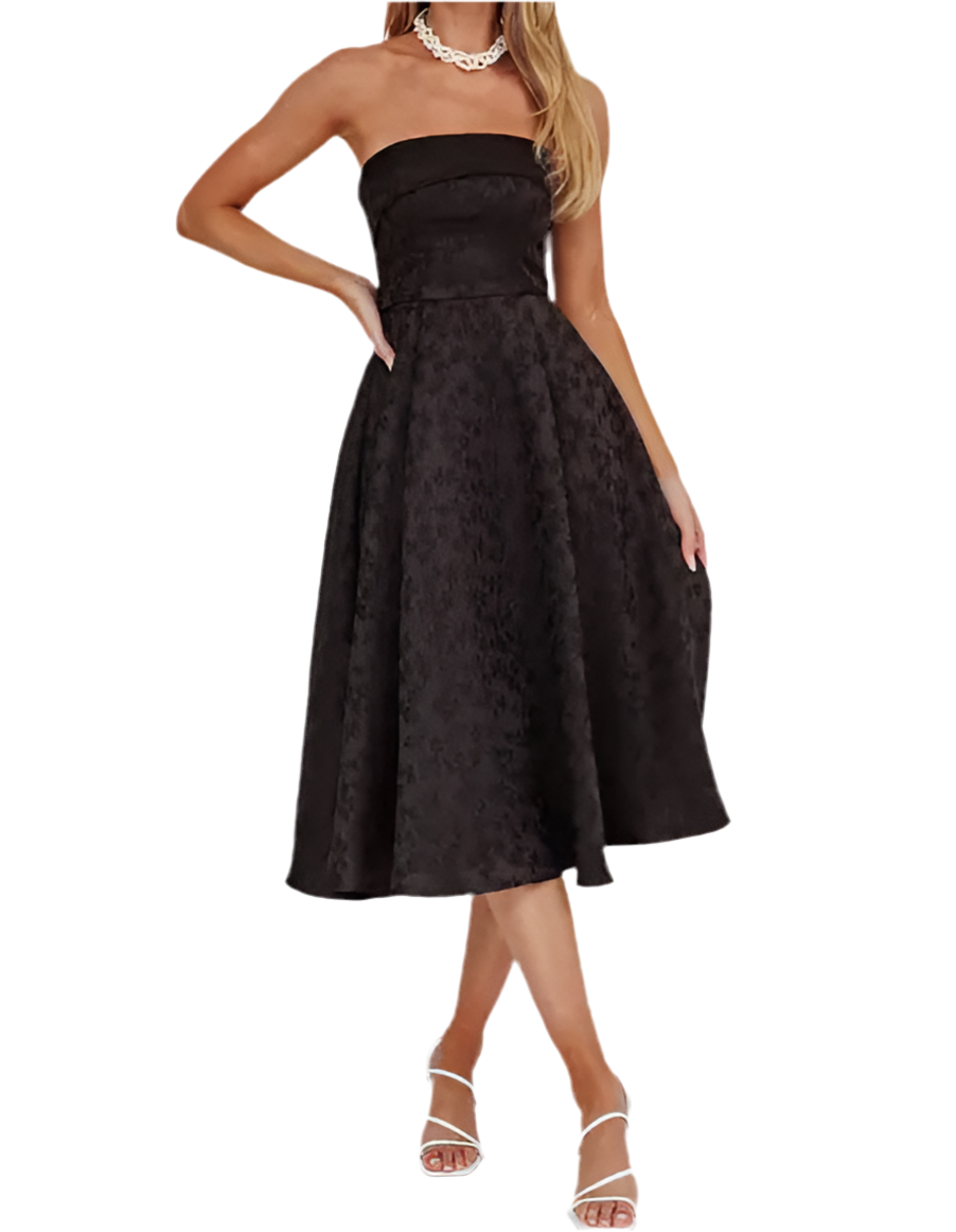 JACQUARD FLORAL PRINT FLOWY SKIRT MIDI DRESS OPEN BACK
