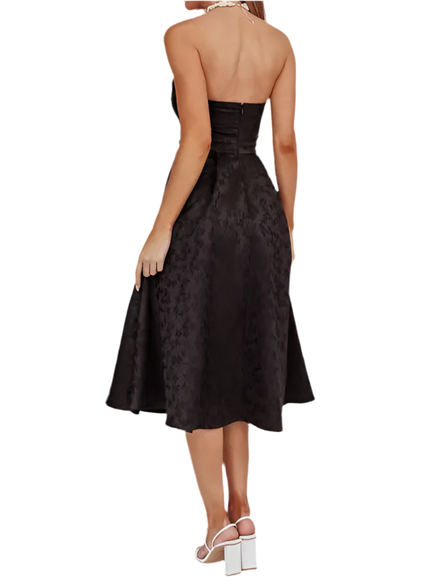 JACQUARD FLORAL PRINT FLOWY SKIRT MIDI DRESS OPEN BACK