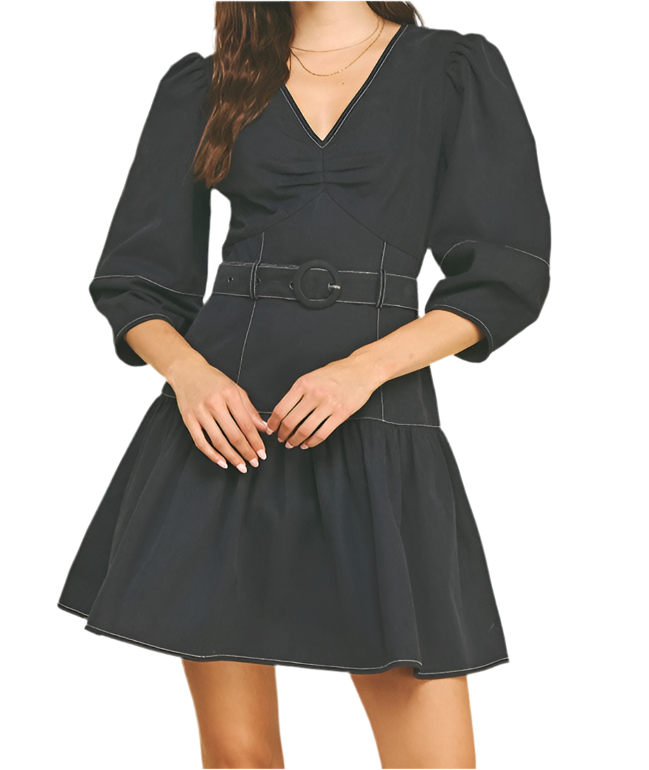 India Puffed Sleeve Belted Mini Dress