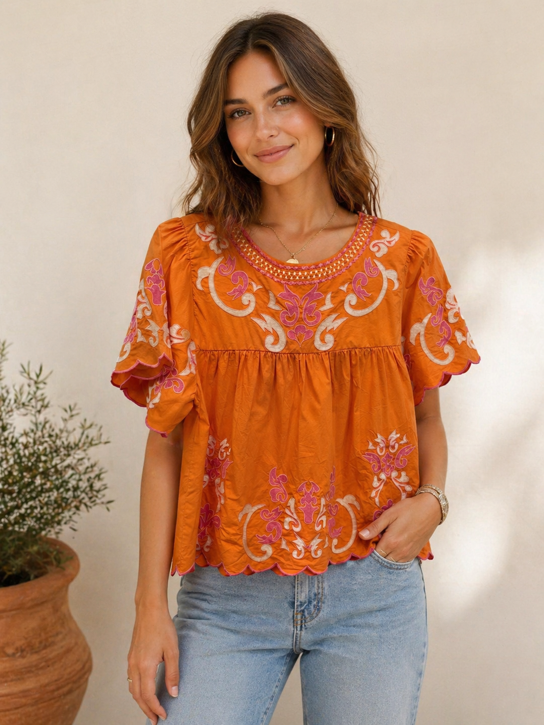 BRIDGETT Short Sleeve Embroidery Top