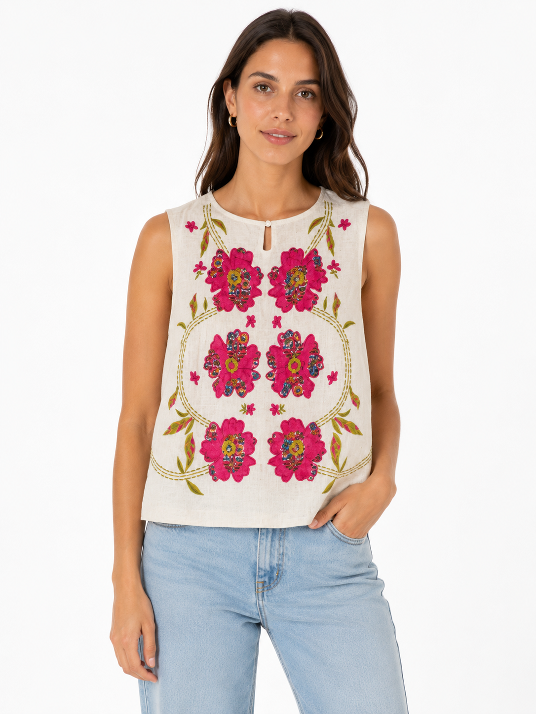 Ruffle Sleeve Smocked Floral Top in Natural