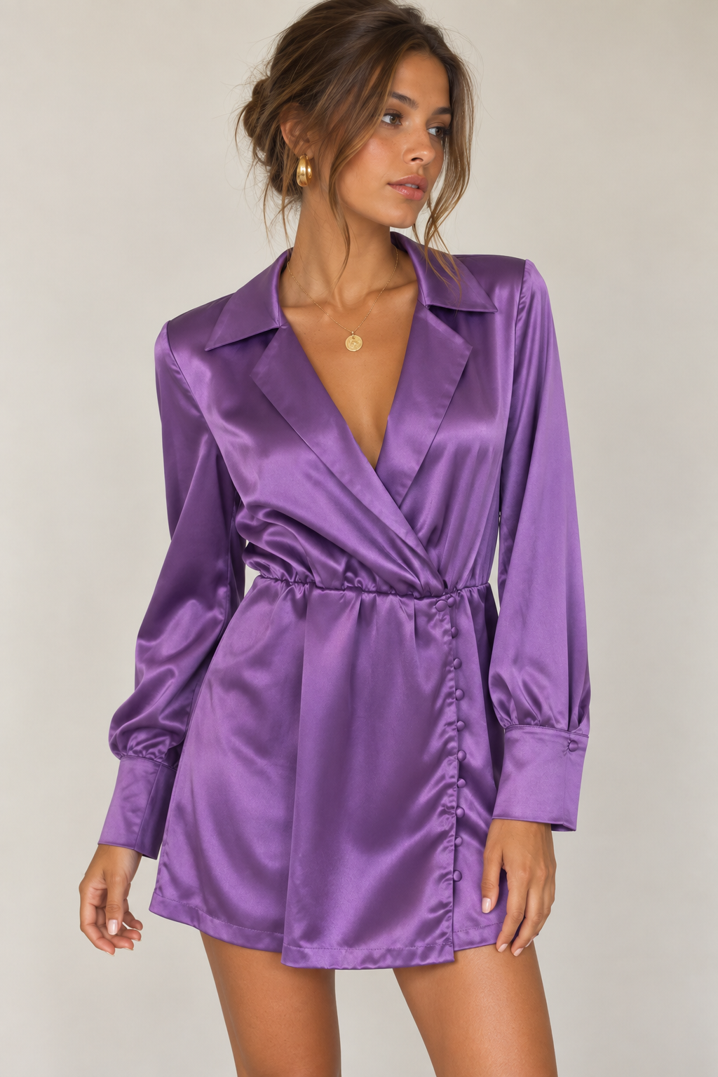 Power Shoulder Satin Button Dress