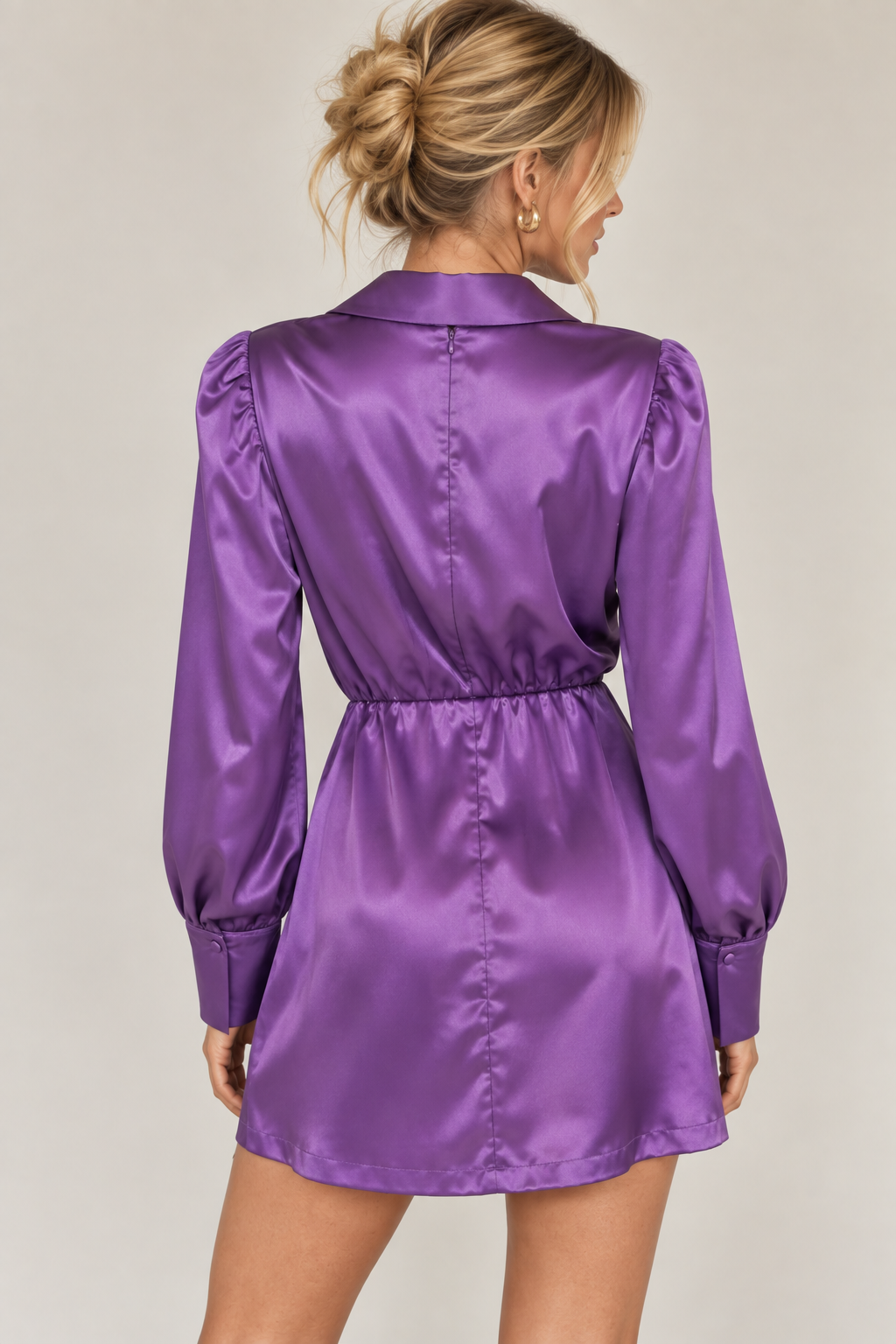 Power Shoulder Satin Button Dress
