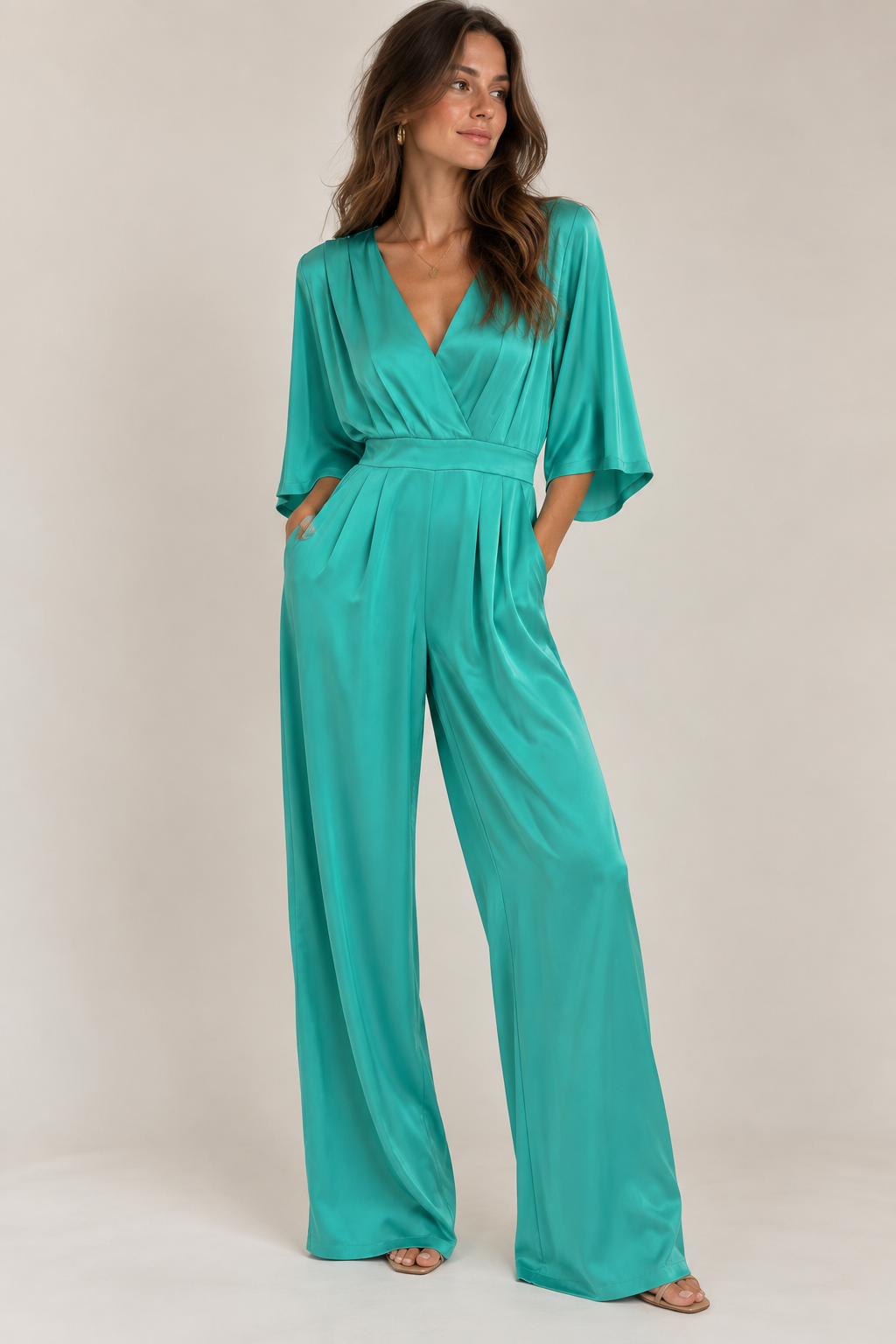Satin Wrap Jumpsuit With Flare Dolman Sleeves