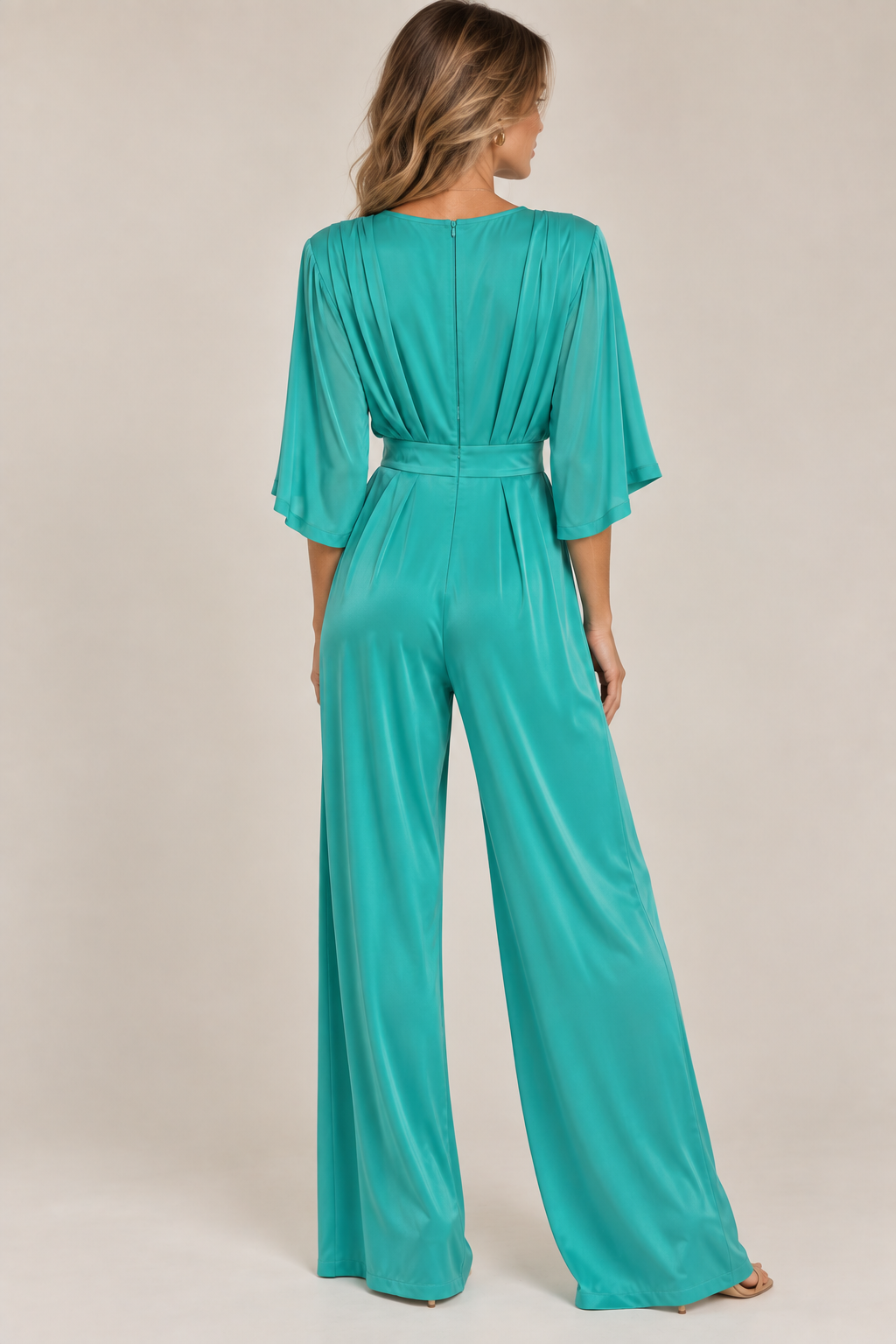 Satin Wrap Jumpsuit With Flare Dolman Sleeves