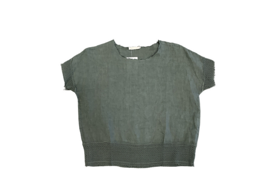 MESH SLEEVE/HEM CREW NECK LINEN TOP
