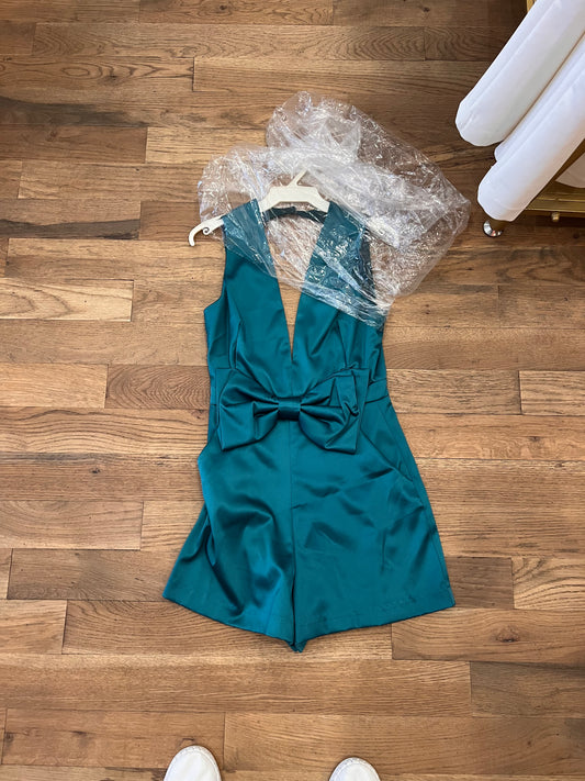 SOLID SATIN BOW VNECK ROMPER