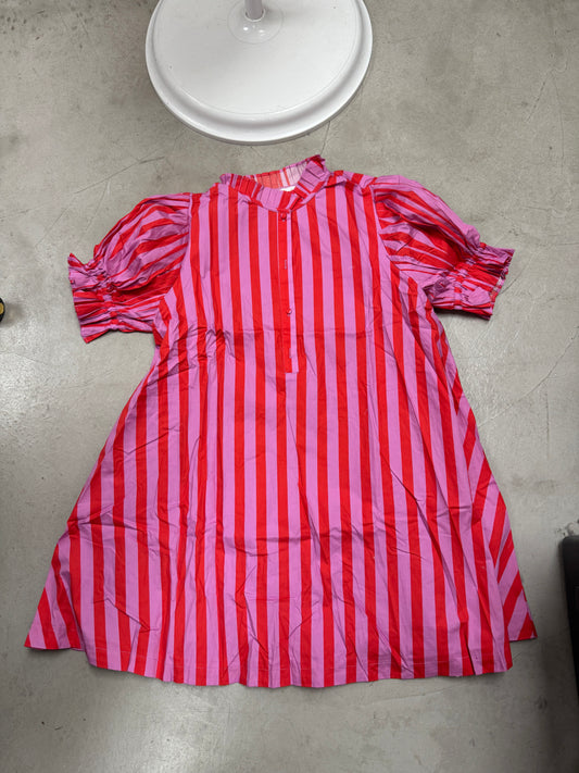 STRIPE BUTTON PUFF SLV DRESS