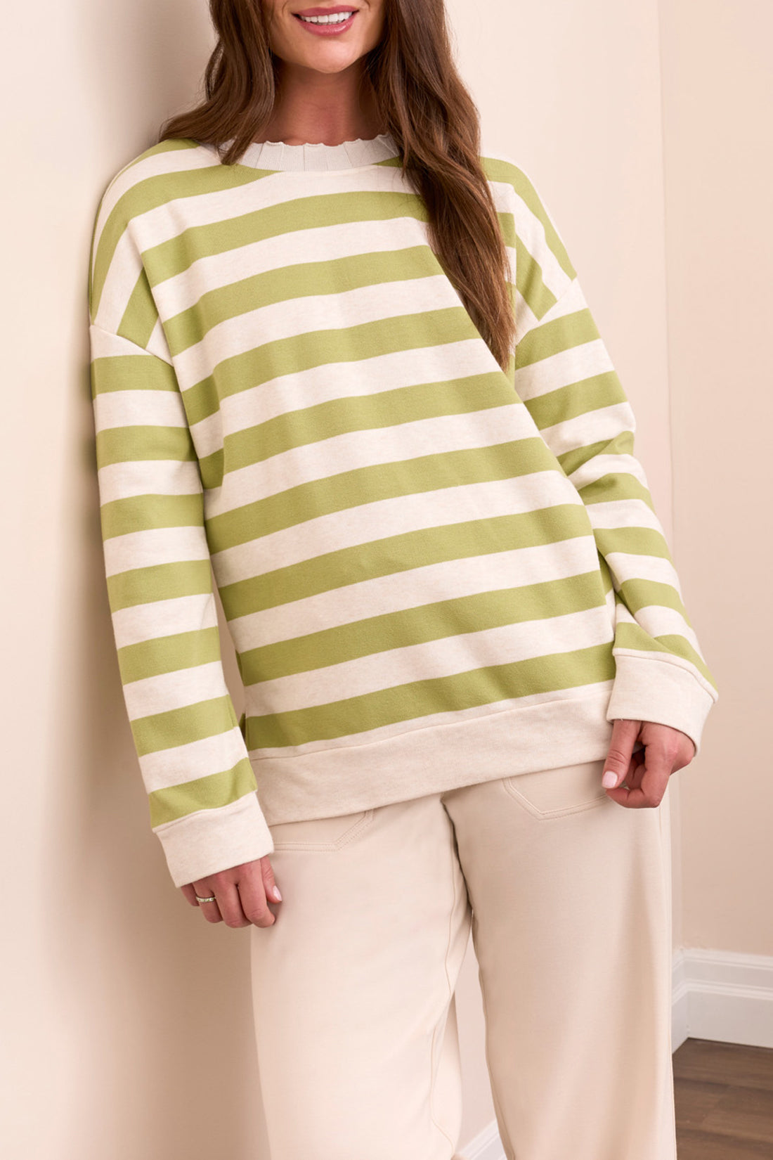 L/S CREW NECK TOP W/RIB DTL-WASABI