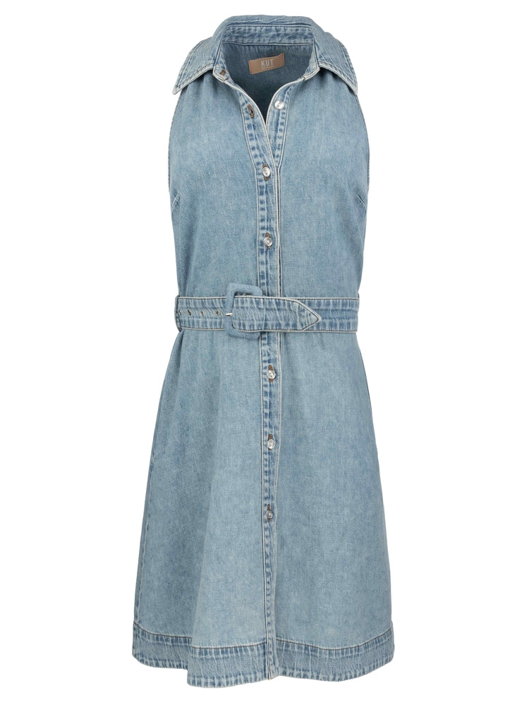 EILEEN - HALTER DENIM DRESS W/BELT